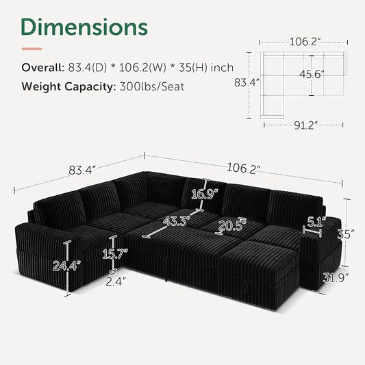 HONBAY Modular Sectional Sleeper Sofa with Pull Out Bed,Corduroy U Shaped Couch with Storage, Sectional Couches for Living Room,Black