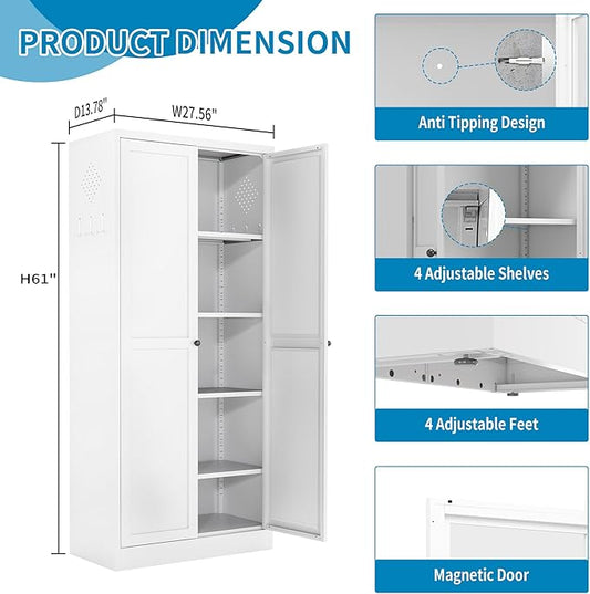 61" H White Metal Kicthen Pantry Storage Cabinet 5-Tier Cupboard | Pantry with 2 Doors & 4 Adjustable Shelves, Tall Metal Locker for Kitchen, Living Room, Garage, Assembly Require
