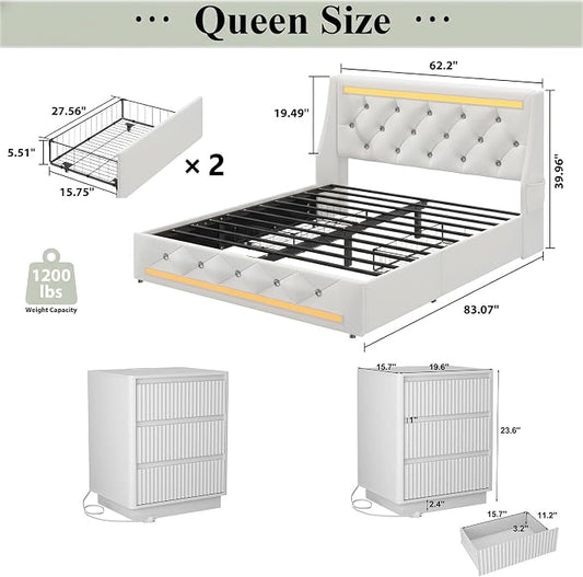 5 Pieces Queen Bedroom Set, PU Fabric Metal Bed Frame with Charge Port& LED, 6 Tier Rotating Bookshelf, Vanity Table with Sliding Light Mirror& Hair Dryer Holder, 2 Nightstands with Charge