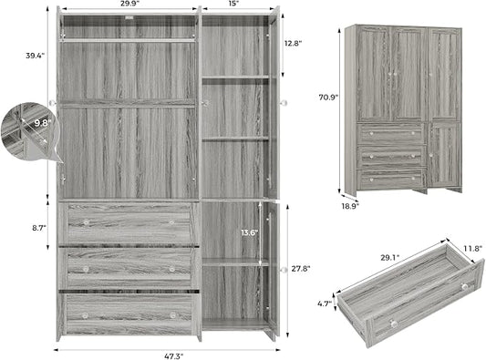 VOWNER Armoire Wardrobe Closet with Drawers and Mirror, 71" Clothing Storage Cabinet with Hanging Rod, 4 Doors Wooden Wardrobe Cabinet for Bedroom, Large Capacity Storage (1, Gray Oak)