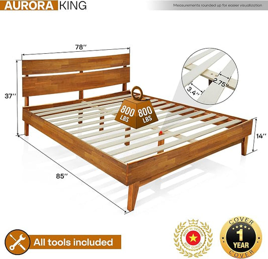 Acacia Aurora Wooden Bed with Headboard, King Size Bed Frame, 800lbs Capacity Wood Bed Compatible with All Mattress Types, Non-Slip & Noise-Free, Wood Slats Support, Easy Assembly, Caramel.