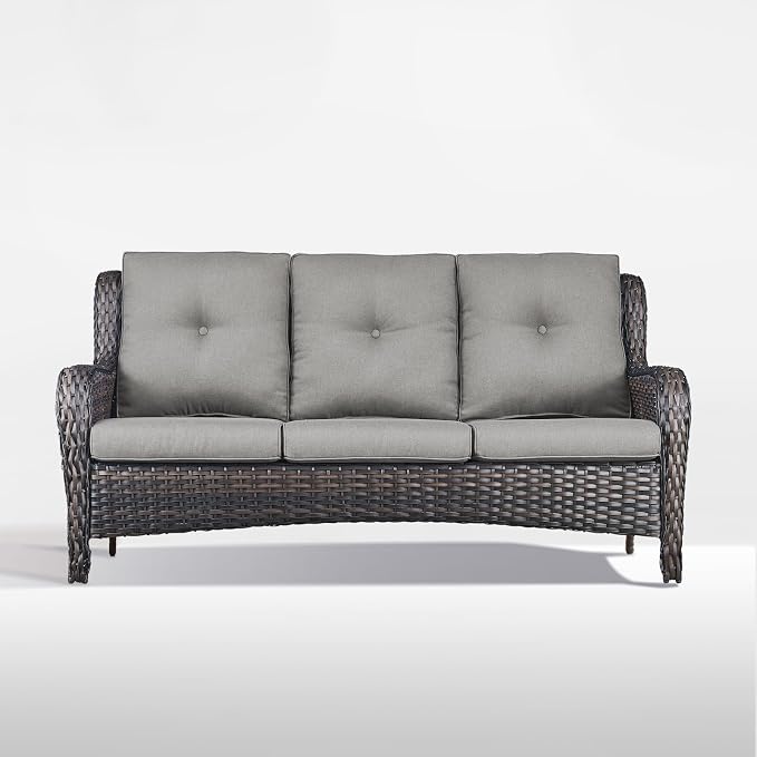Outdoor Couch All Weather PE Wicker Patio Sofa Outdoor Sofa Deep Seating for Porch Deck Backyard-Brown/Grey