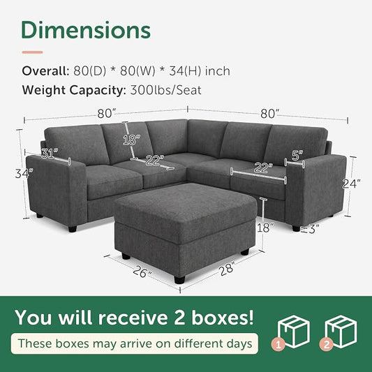 HONBAY Sectional Sofa, 6 Seats 80 Inch L Shaped Couch with Ottoman Pet-Friendly for Small Apartment Living Room, Light Grey
