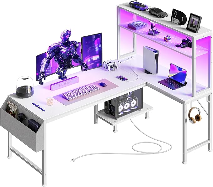 PRAISUN L Shaped Gaming Desk with LED Lights & Power Outlets, Reversible Computer Desk with Storage Shelves & Bag, Large Corner Home Office Desk with Pegboard for Work from Home, White