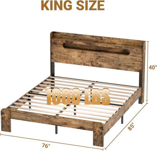 Zevemomo King Size Bed Frame Wood with Headboard, LED Light, Charging Station with 2 USB Ports & 2 AC Outlets, Durable Wooden Frame, No Noise, Rustic Brown (Arc Edge Rectangular Slot)