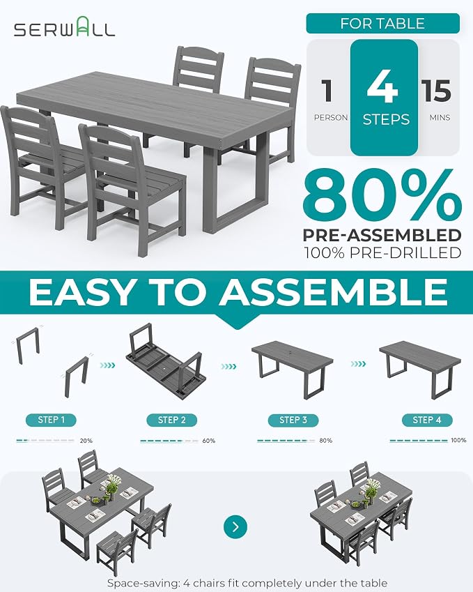 SERWALL HDPE Outdoor Dining Set for 4, 67'' Patio Table and Chairs Set | with Armless Seat