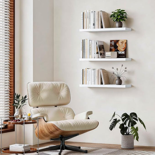 BAYKA White Floating Shelves for Wall, Set of 3, 22.5 Inches Wall Mounted Rustic Wood Shelves for Bathroom, Bedroom, Living Room or Kitchen, Hanging Shelf for Books/Storage/Decor/Display