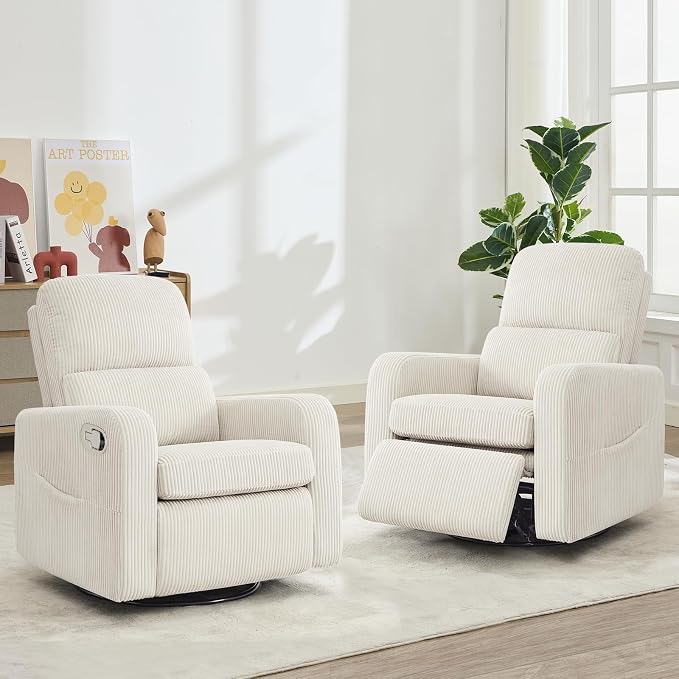 Swivel Rocker Recliner, Oversized Manual Nursery Glider Rocking Recliner Chair with Removable Cushion, Upholstered Corduroy Swivel Reclining Chair for Nursery Living Room Bedroom, Cream White