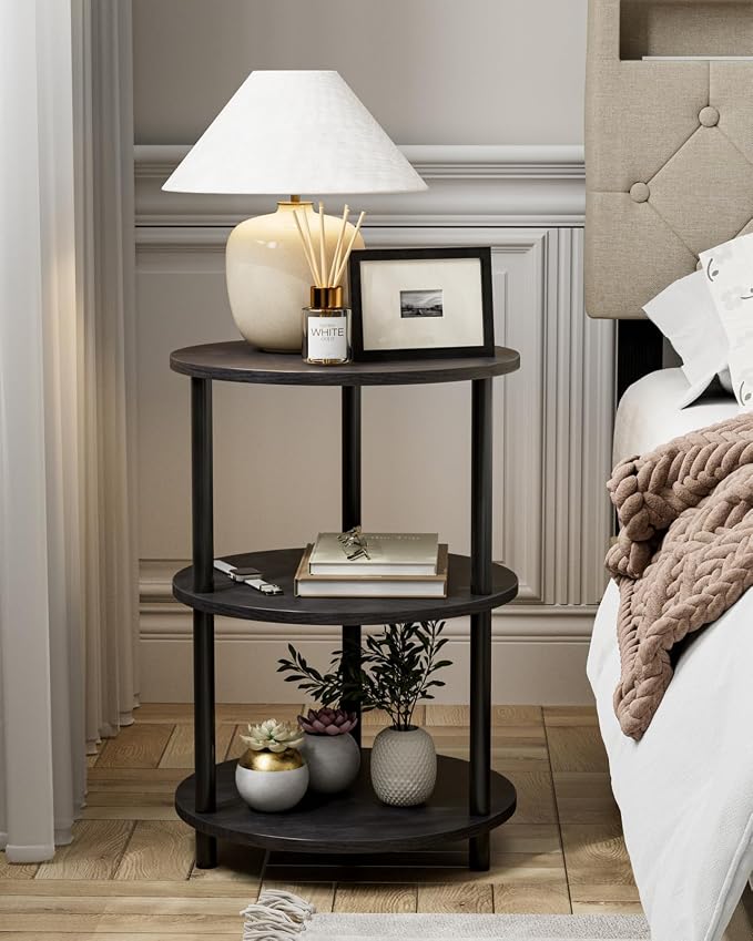 XBurmo Round Coffee Table for Living Room - Narrow Side or Bedside Stand, Industrial Vintage Nightstand for Bedroom, or Small Spaces, Charcoal Wenge