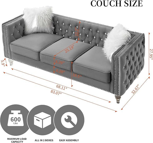 83" Chesterfield Sofa, Velvet Mid-Century Modern Upholstered Couch with 2 Throw Pillows and Acrylic Legs, Nailhead Button Tufted Vintage Sofa for Living Room, Apartment, Office, Grey