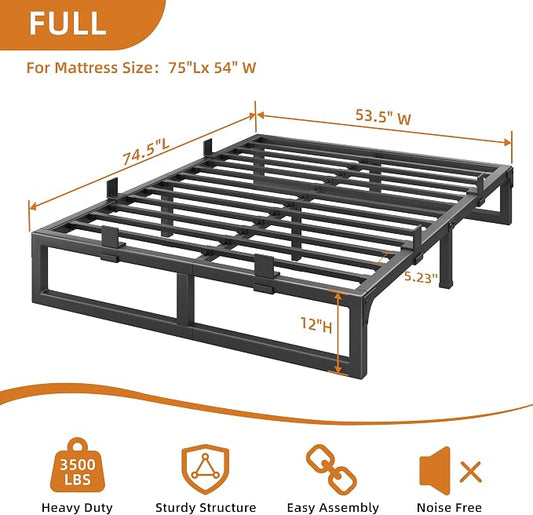 Full Size Bed Frame, 12 Inch Metal Platform Bed Frames with Squeak Free U-Slot Design, 6 Non-Slip Guards, 3500lbs Heavy Duty Steel Slat Support, No Box Spring Needed, Under Bed Storage, Black