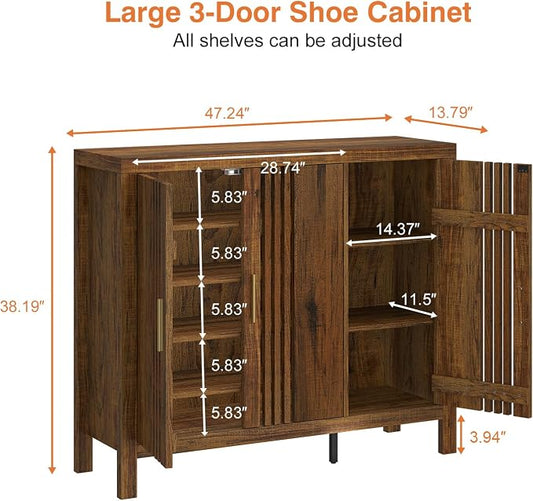 UNIQUITE Wooden Shoes Cabinet with 3 Doors and Adjustable Shelves, Retro Freestanding Shoe Organizer Cabinet for Entryway Hallway Living Room, 5-Tier Shoe Cabinet for 30 Pairs, Dark Walnut