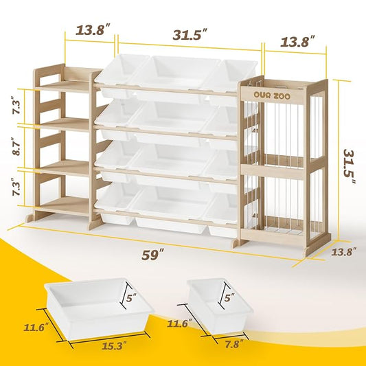 Large Kids Toy Storage Organizer - Toy Organizers and Storage with Stuffed Animal Storage, Solid Wood Toy Storage Shelf with 12 Plastic Bins, 4-Tier Bookshelf for Kids Room, Playroom, Bedroom, 59 inch
