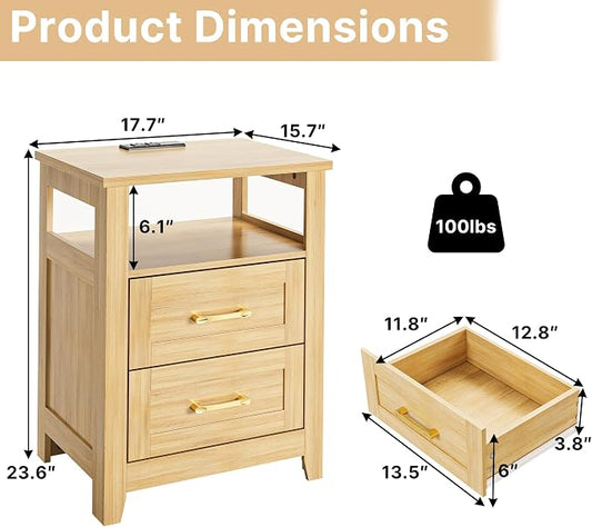 Decofy Farmhouse Nightstand with Charging Station, Modern End Tables with 2 Drawers & Open Shelf, Outlets, USB Ports and Type-C Ports, Wood Rustic Nightstands for Bedroom (2 Pack, Oak)