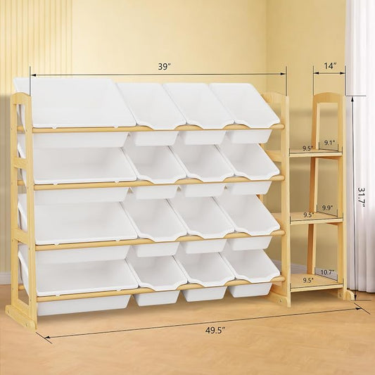 Kids Toy Storage Organizer with Bookshelf – Wooden Shelf with 16 Bins & 3 Shelves, Quick Assembly Storage Rack for Playroom, Bedroom, Nursery - White