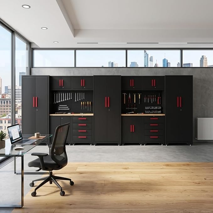 Garage Storage Cabinet System, 13Pcs Garage Cabinets and Storage System Corner Workshop Set with Corner Cabinet, Cabinet Drawers, Workbench, Pegboard for Tool Organization, Black Red