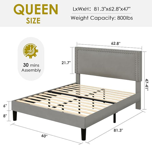 VECELO Queen Size Platform Bed Frame with Height Adjustable Upholstered Headboard, Modern Mattress Foundation,Strong Wood Slat Support, No Box Spring Needed, Easy Assembly,Dark Grey