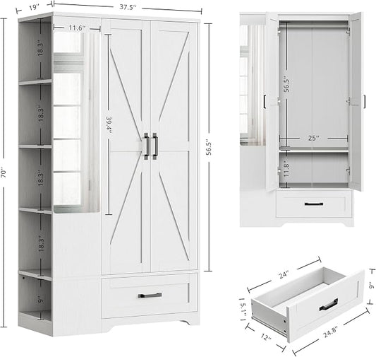 LIKIMIO 70" Tall Wardrobe Closet with Mirror, Side Shelves & Drawer, Freestanding Bedroom Armoire with Hanging Rod, X Barn Door Storage Cabinet for Bedroom, White