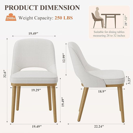 Modern Upholstered Dining Chairs Set of 2, Open Back with Solid Wood Legs, Ergonomic Curved Back Fabric Kitchen Chairs for Dining Room & Kitchen, Living Room Side Chairs, Farmhouse, Beige