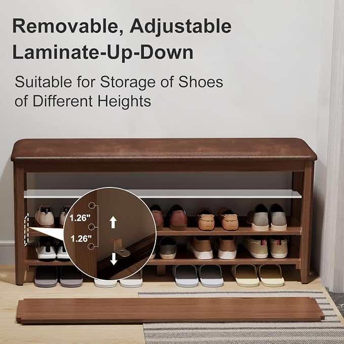 AQIMUELE Shoe Bench with Leather Cushion, 3 Tiers Shoe Storage Bench Height Adjustable, Walnut Wood Entryway Bench for Hallway, Mudroom