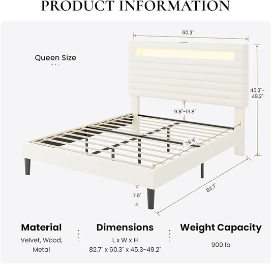 SHA CERLIN Queen Bed Frame with LED Light & 2-Tier Storage Shelf, Velvet Upholstered Adjustable Headboard with Charing Station, Horizontal Channel Tufted, No Box Spring Needed, Easy Assembly, Cream