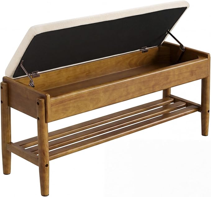 YEPDIN 2 Tier Shoe Rack Bench with Flip-Top Storage,39.3" Solid Wood Shoe Rack Bench with Chenille Cushion,for Entryway, Hallway,Living Room, Bedroom, Closet