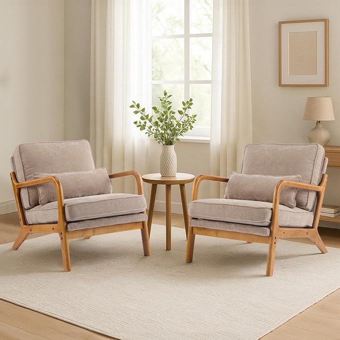 Karl home Mid Century Modern Accent Chair with Lumbar Pillow & Oak Arms – Plush Chenille Living Room Chair for Bedroom, Lounge (Khaki)