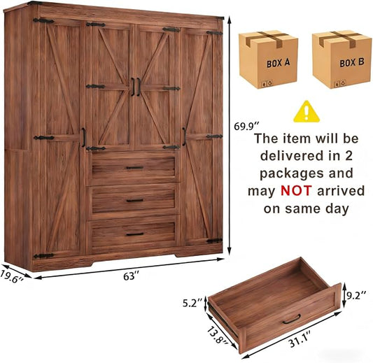 4 Door Armoire Wardrobe Closet Cabinet with 3 Drawers and Drawers, Farmhouse Bedroom Armoire with Hanging Rod and Adjustable Shelves, Large Capacity Storage Wardrobe Armoire for Bedroom, Brown
