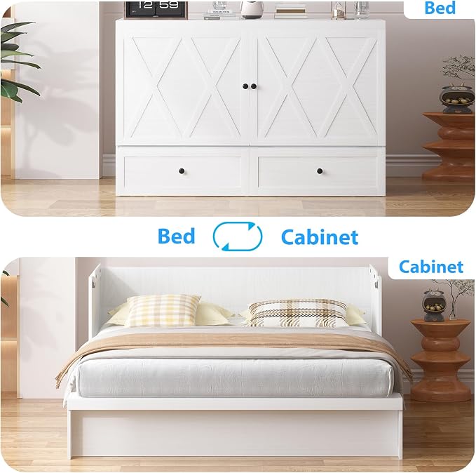 PUREMIND Murphy Bed Queen with Mattress Included, X-Farmhouse Frames Cabinet Beds Chest with Charging Station & Storage Drawers, Convertible Hideaway Cabinet Bed for Guest Room, White