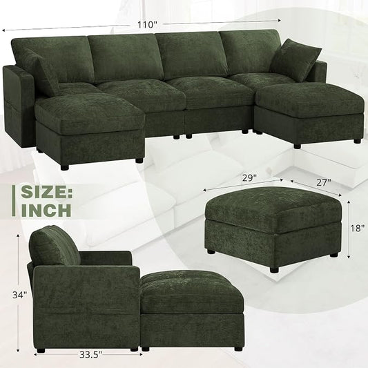 110” Chenille 4-Seats Sofa W/Two Movable Ottomans, Green | Modern Fabric U-Shaped Couch w/Soft Backrests, Upholstered Sectional Sofa w/Arm Pillows for Living Room, Office
