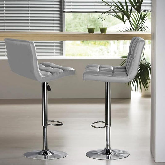 Furniwell Bar Stools Modern Pu Leather Swivel Adjustable Barstools Armless Counter Height Swivel Bar Stool Synthetic Leather Height Square Barstool with Set of 2(Silver)