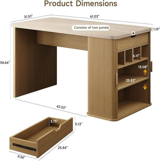 ONBRILL 61 Inch Kitchen Island with Storage, Fluted Counter Height Table, Mid-Century Modern Kitchen Island Table with Sliding Door, Home Bar Tables with Wine Rack and Drawers (Travertine Color)