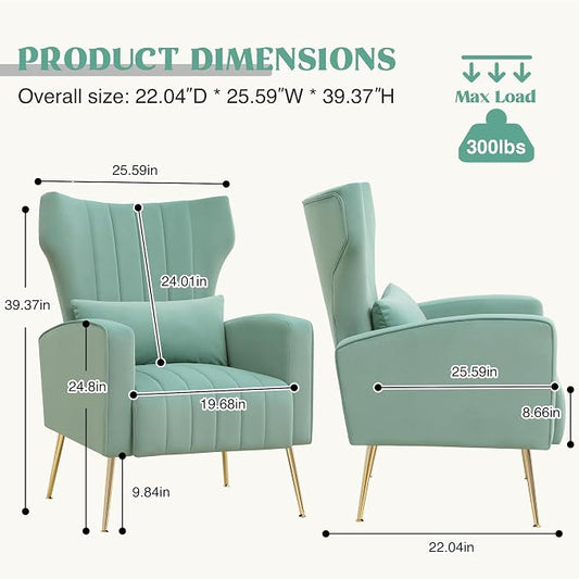 Modern Accent Chair Upholstered Living Room Chair,High Back Arm Chair with Metal Legs Lumbar Reading Chair for Bedroom, Apartment, Small Spaces Lake Green