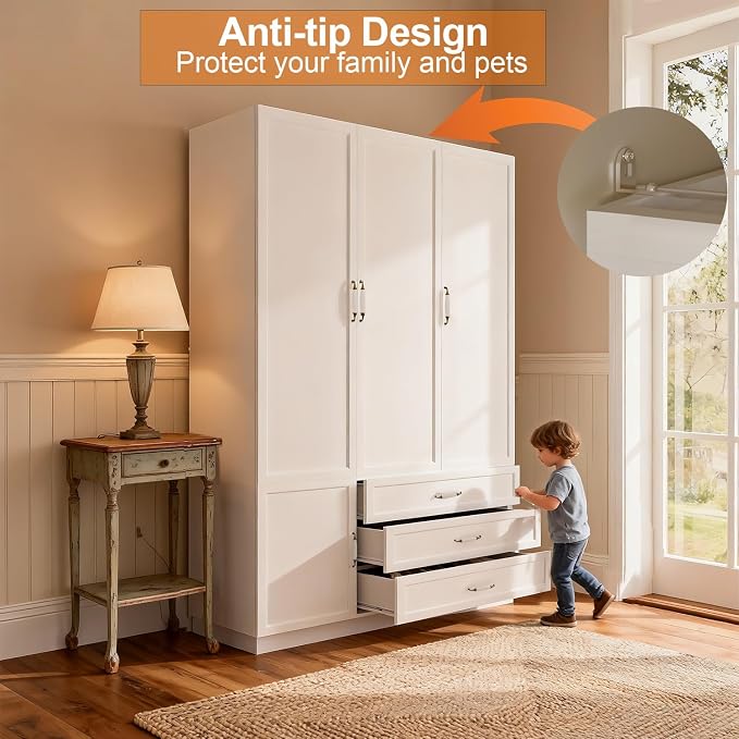 72" Armoire Wardrobe Closet with 3 Door Wooden Bedroom Armoire with LED Light 3 Drawers Large Modern Wardrobe Cabinet with Retro Ceramic Door Handles and Removable Hanging Rod White