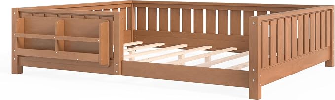 Bellemave Queen Size Floor Bed with Slats and Guardrails, Queen Size Montessori Floor Bed with Bookcase and Fence, Low Profile Montessori Beds for Kids, Natural Floor Beds Frame