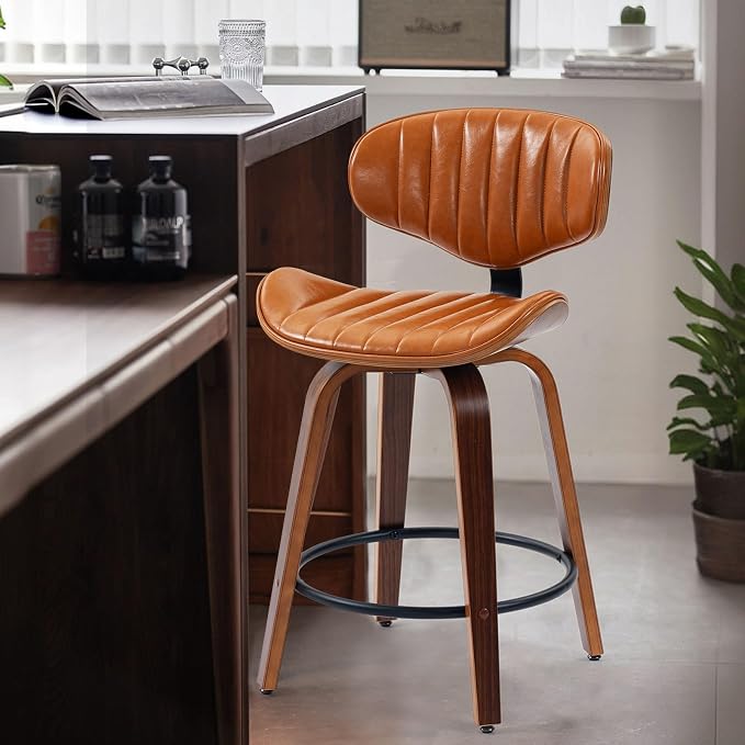 Swivel Bar Stools Set of 2, 24 inch PU Leather Wooden Bentwood Barstools Counter Height Modern Breakfast Bar Chairs with Backrest and Footrest for Kitchen Island, Dining Room D035-Brown-2