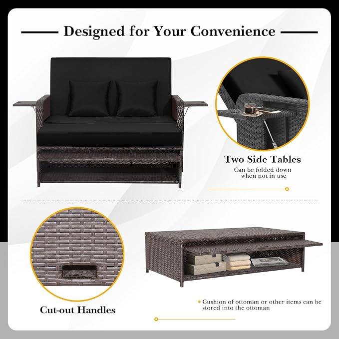 Tangkula Patio Rattan Daybed with 4-Level Adjustable Backrest, Outdoor PE Wicker Loveseat with Storage Ottoman & Folding Side Tray, Double Sunbed Lounger for Balcony, Backyard & Poolside, Black
