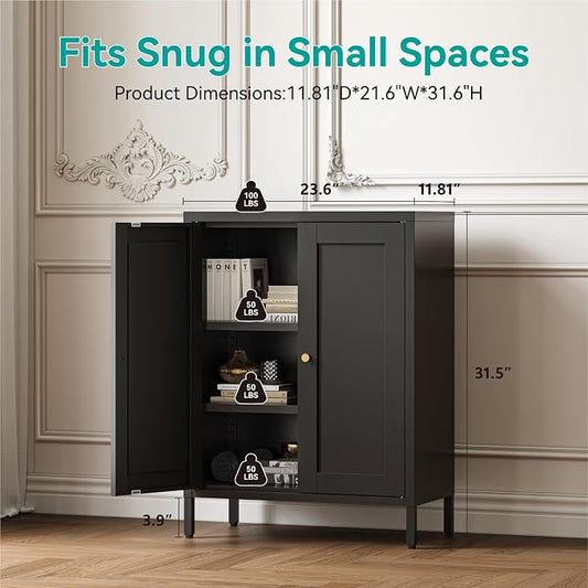 Small Metal Storage Cabinet,11.8" D x 23.6" Wx31.5 H,Bathroom Cabinet with Adjustable Shelves,Shaker Cabinet for Kitchen Living Room Entryway Dining Room, 3-Tier,Black
