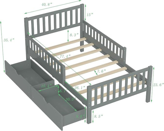 Kids Twin Size Bed Frame with Storage Drawers, Wood Twin Bed Frames for Kids, Twin Bed Frame with Headboard and Footboard for Boys Girls, No Box Spring Needed,Gray
