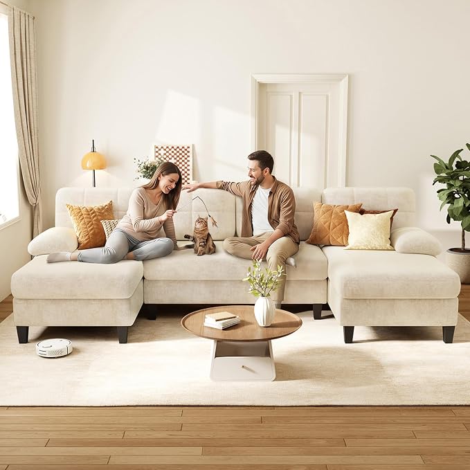 KKL U-Shaped Sectional Couch for Living Room | 112" Sectional Sofa with Double Chaise, Modern Sofa Deep Seat Couches for Living Room, Apartment, Office, Beige