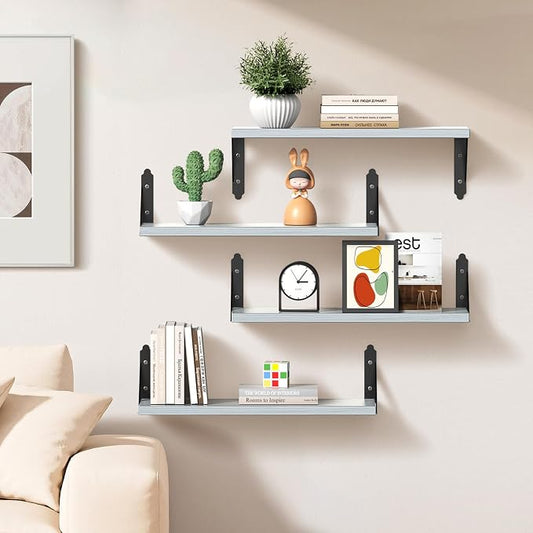 ROMGUAR CRAFT Wood Floating Shelves Set of 4, Rustic Storage Decor Wall Shelves, Wall Mounted Shelf for Living Room, Bedroom 17" x 6", Light Grey