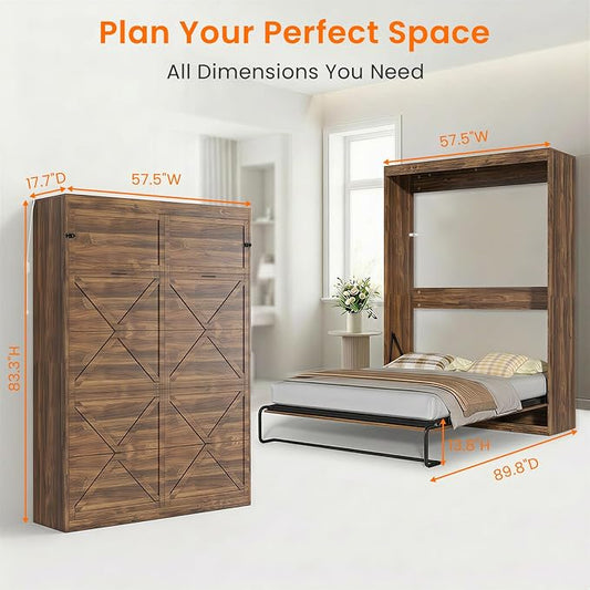 CECER Full Vertical Murphy Wall Bed,Space Saving for Offices/Guest-Brown | Durable Gas-Lift for smooth folding,16 Color Controllable LED Lights,Sturdy frame & Easy Assemble