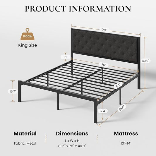 SHA CERLIN King Size Metal Bed Frame with Linen Tufted Headboard, Dark Gray | Modern Design Heavy-Duty Platform Bed, No Box Spring Need, Linen Fabric Upholstery, Noise Free, Easy Assembly
