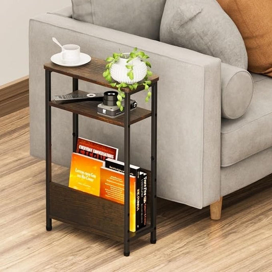 THUMEYE 7.1" Narrow Side Table for Small Spaces, 3 Tier Small End Table with Magazine Holder, Slim/Skinny Nightstand/Bedside Table for Living Room, Bedroom, 15.4" L x 24.2" H