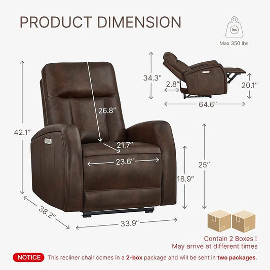KISLOT Wall Hugger Power Recliner Chair with USB & Type-C Ports Faux Leather Recliner 135° Reclining Small Space Electric Sofa for RV Living Room Bedroom
