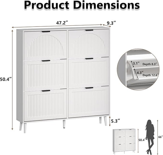 BORNOON Shoe Cabinet for Entryway with 6 Flip Drawers, Slim Wooden Shoe Storage Organizer with Modern Fluted Pannel,Freestanding Narrow Hidden Shoe Rack for Hallway, Foyer, Living Room