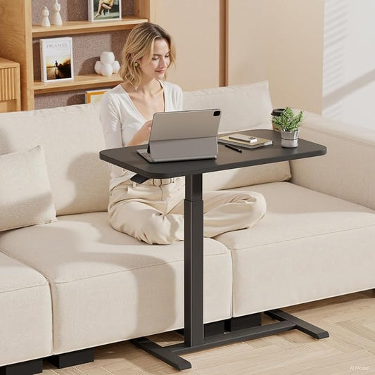 GTPLAYER Small Standing Desk with Hidden Wheels, Pneumatic Mobile Rolling Laptop Desk, Adjustable Height Overbed Bedside Table Computer Workstation for Home Office (28" W x 16" D, Black)