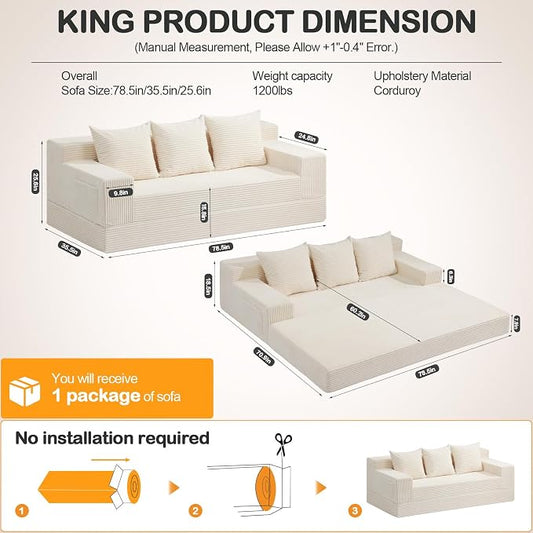 Erament Convertible Futon Sofa Bed Couch, 78'' Corduroy Folding Sofas Bed, Compression Boneless Floor Couch Sofa Beds with 3 Pillows for Living Room Bedroom Apartment