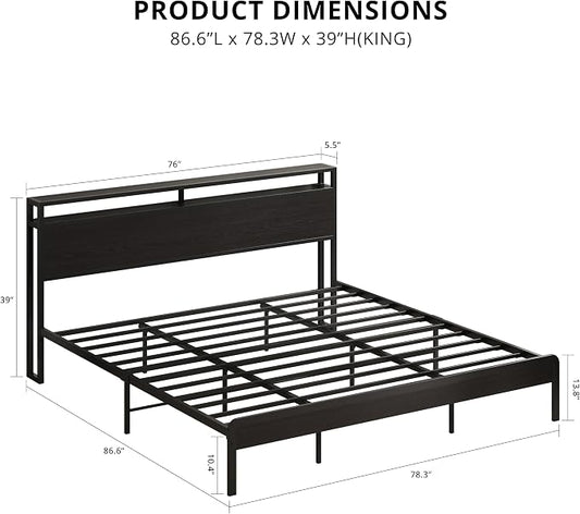LIKIMIO King Bed Frame with Headboard, Dark Wood Camas King with Strong Supports, Sturdy, Noise-Free, No Box Spring Needed, Classic Black