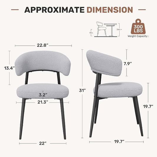 Dining Chairs Set of 2, Mid Century Modern Kitchen Chairs, Boucle Upholstered Dining Chair with Curved Backrest & Metal Legs for Kitchen Dining Room, Grey